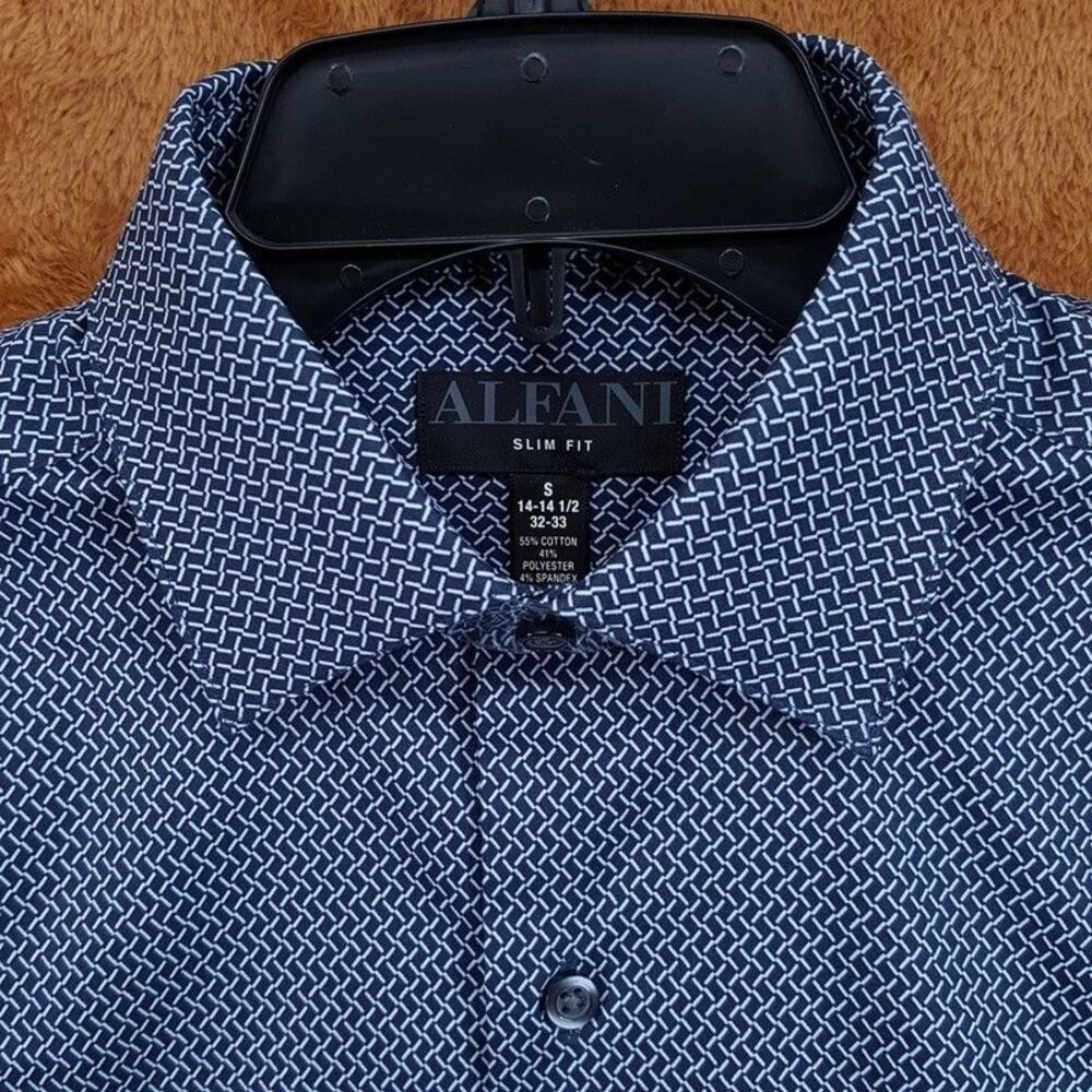 ALFANI Dress Shirt Mens Size 14 14.5 32 33 Navy Blue Slim Fit Geo Neat Stretch